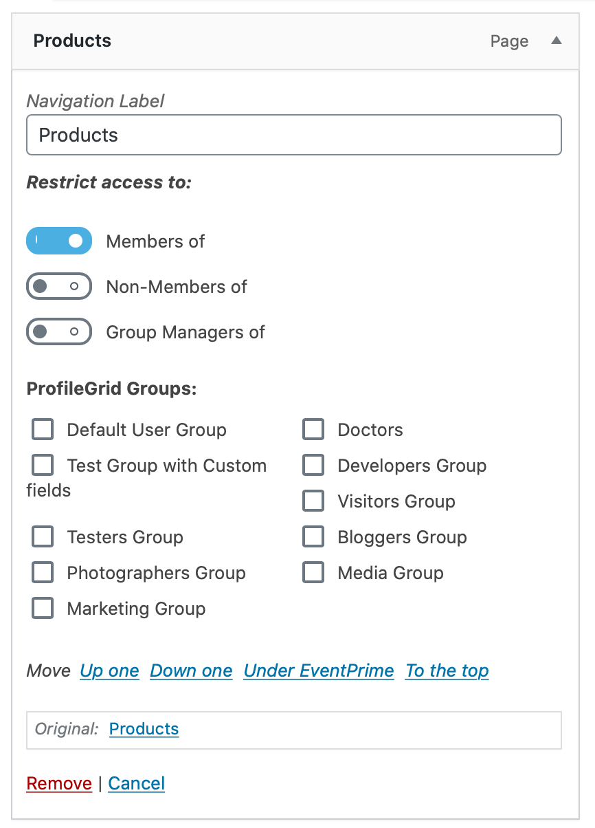 WordPress menu restriction settings