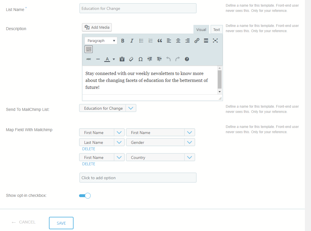 allow users to subscribe MailChimp list new page