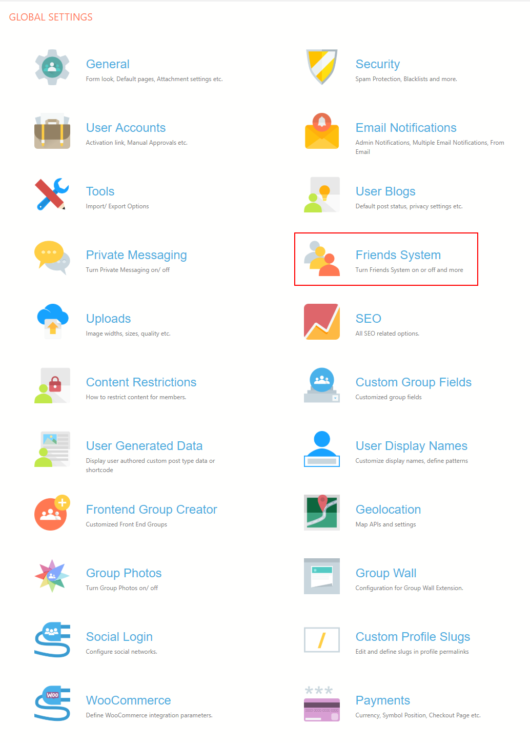Enable Friend System in WordPress global settings
