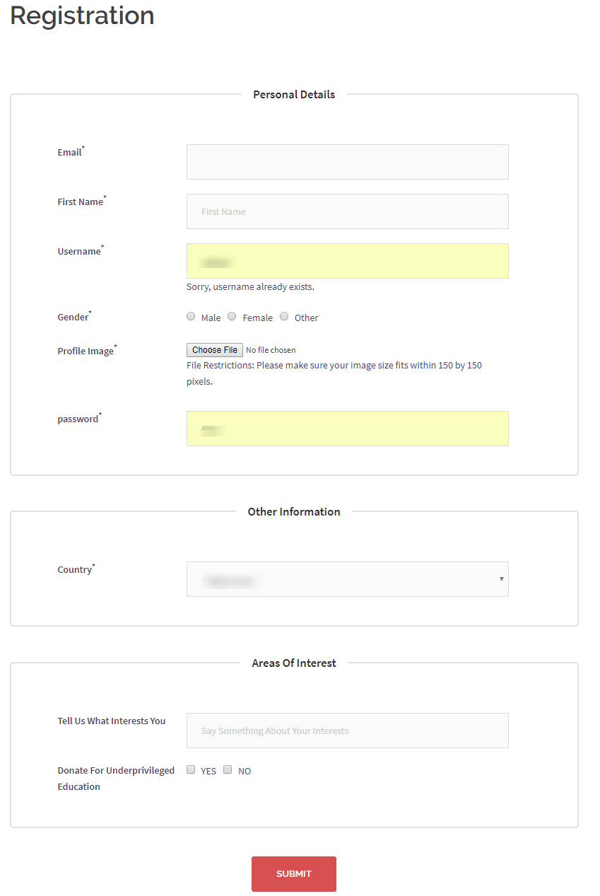 Single Page Registration Form in WordPress registration page