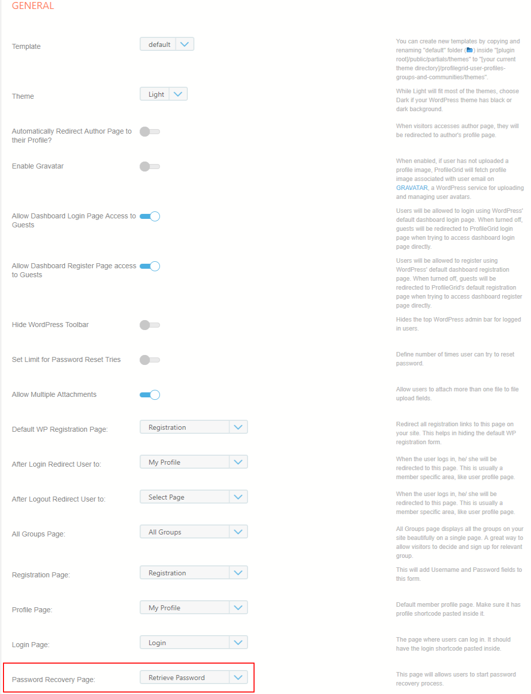 WordPress Forgot Password Page general settings