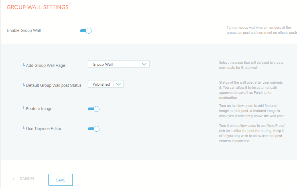 Allow User to Submit Post and Upload Media group wall setttings