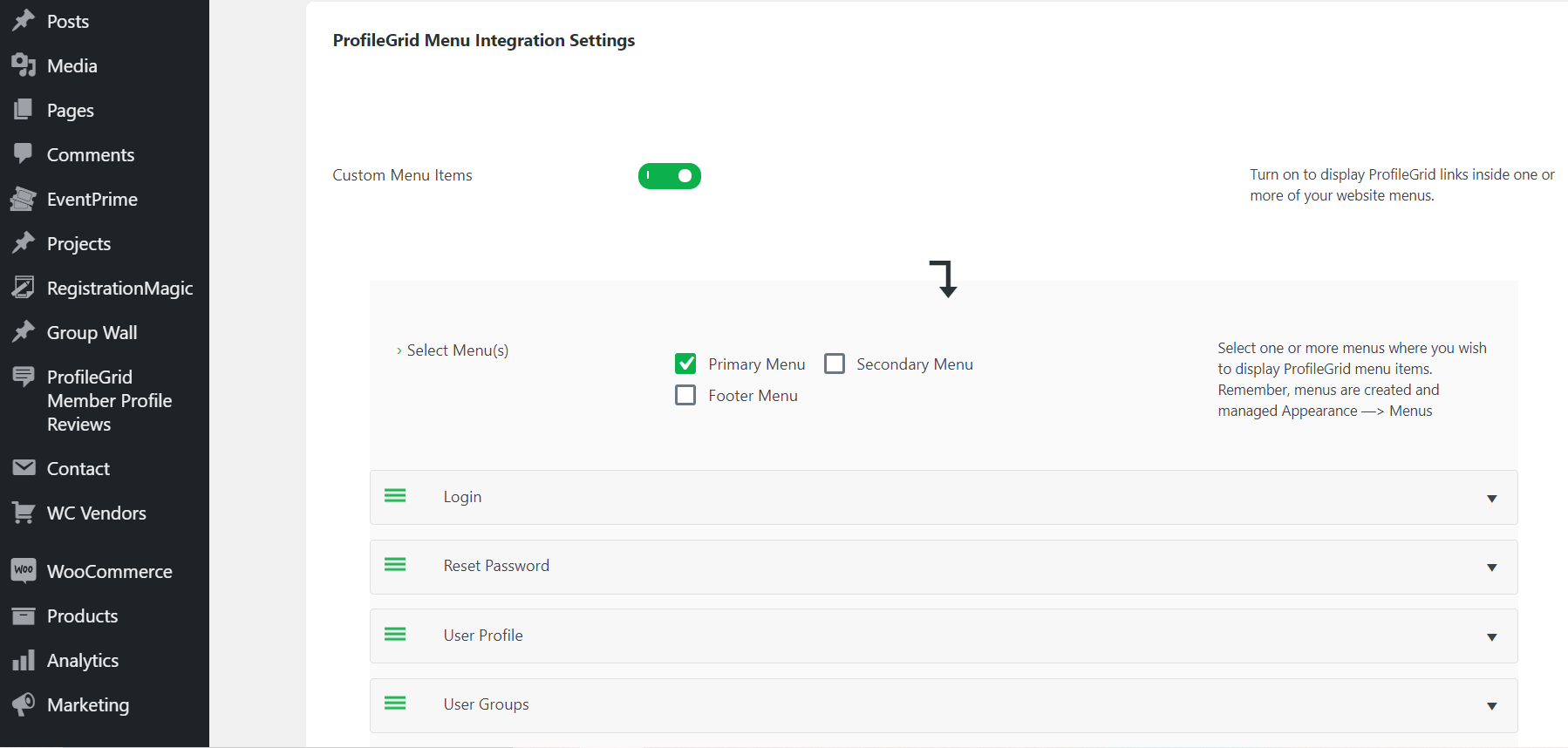 ProfileGrid Menu Integration Settings