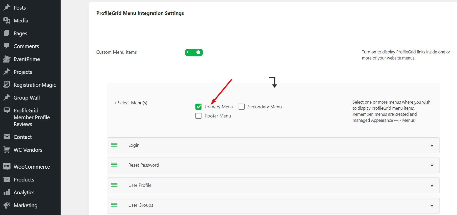 ProfileGrid Menu Integration Settings
