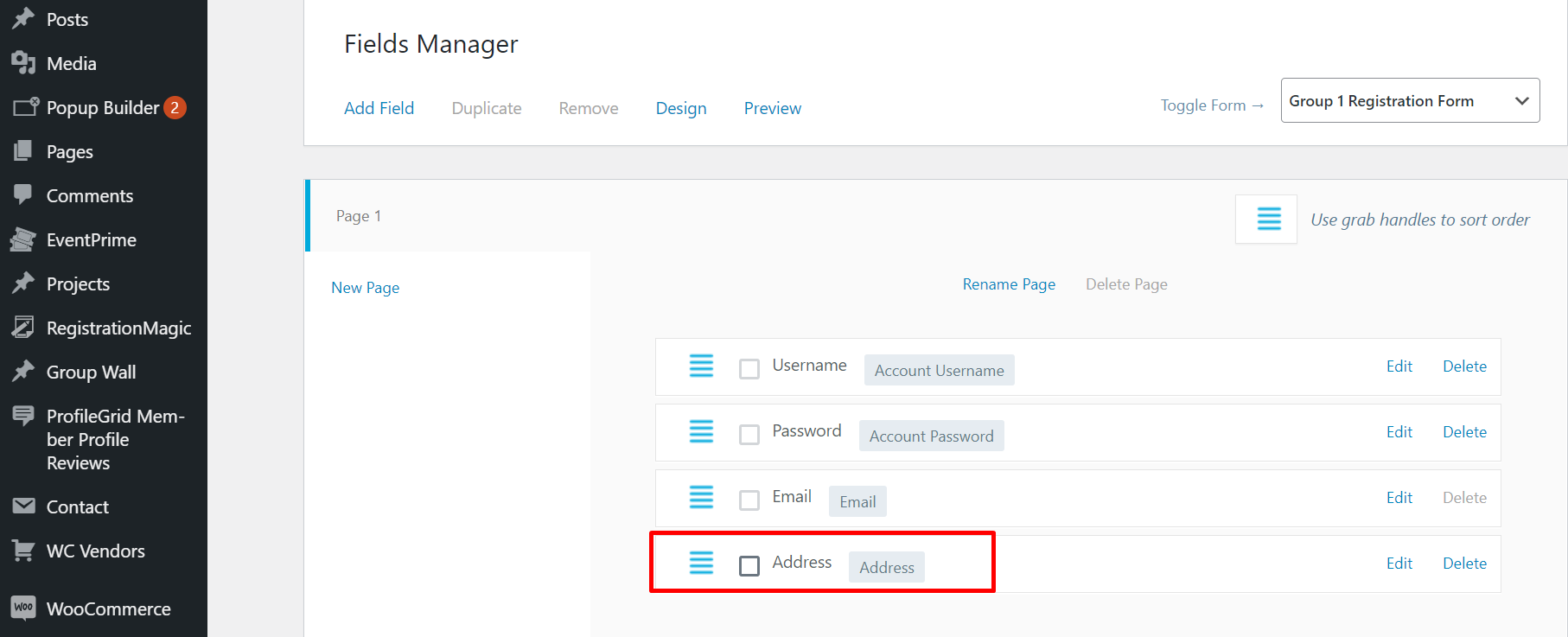 wordpress registration form