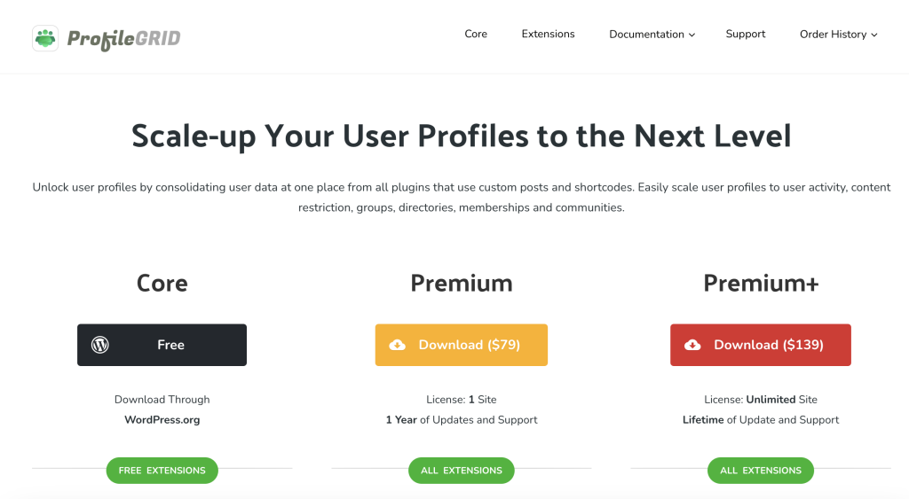 Page displaying different plans available in ProfileGrid plugin.