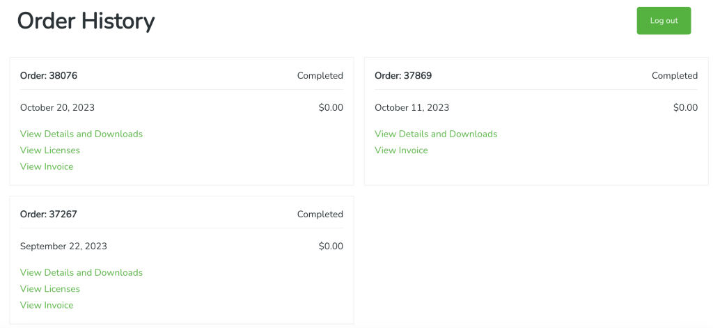 Order History Page displaying various orders.